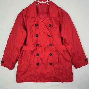 LL Bean Womens Red Double Breasted Belted Rain Trench Coat Large Primaloft Lined
